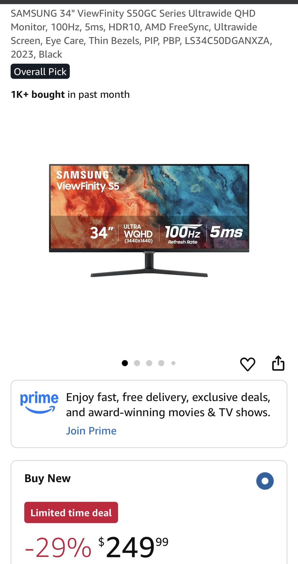 SAMSUNG 34" ViewFinity S50GC Series Ultrawide QHD Monitor