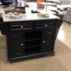 Black With Stone Top Kitchen Cart