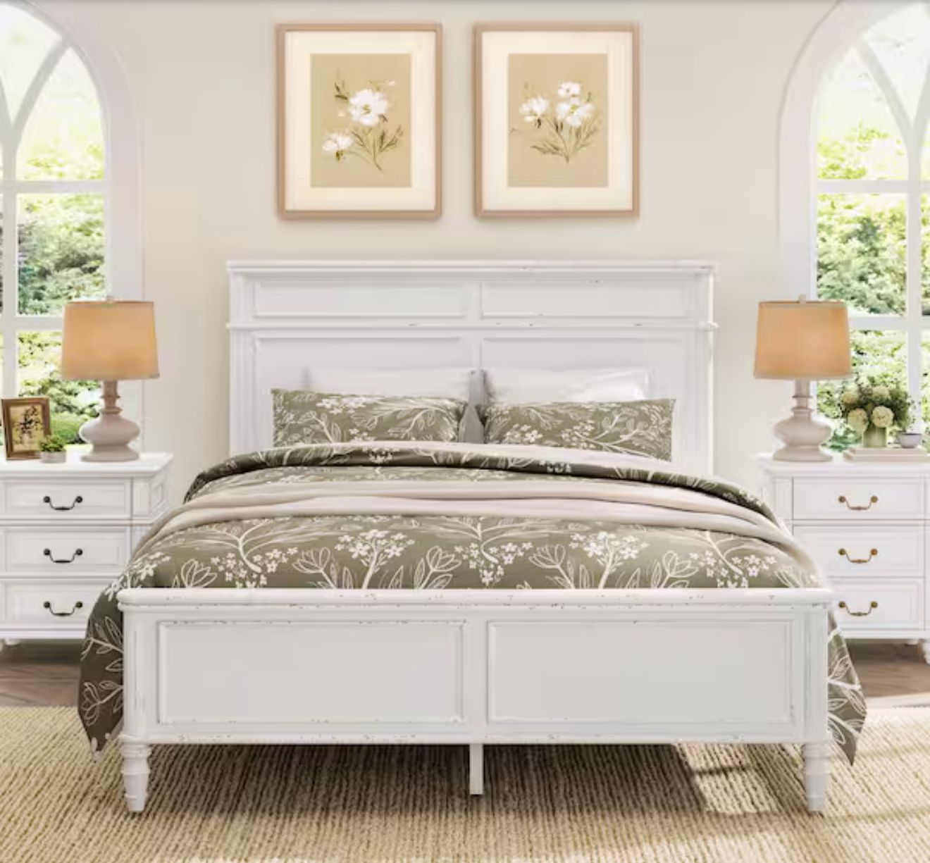Atila Distressed White Modern Crown Molding Solid Wood Frame Queen Size Platform Bed with Headboard
