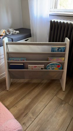 Kids Sling Bookshelf White Wood and Fabric