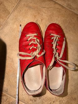 Preowned Women’s Red Leather Sport Sneakers Shoes Size 9.5 Made In Portugal