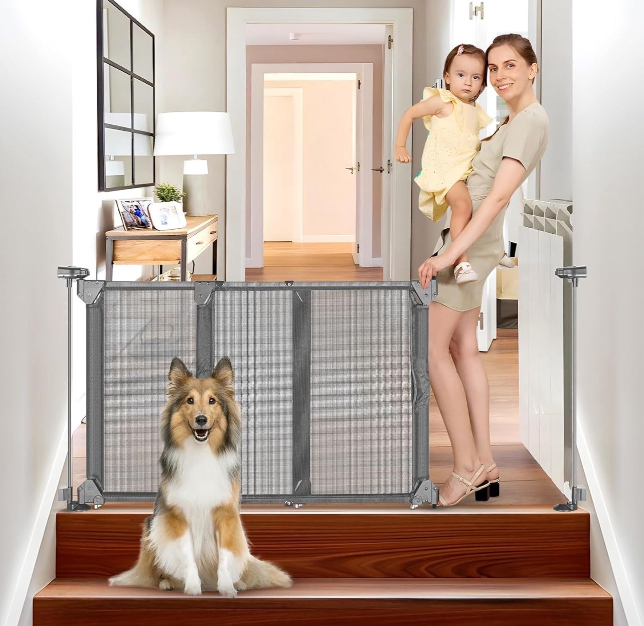 No Screw Adjustable Dog Gates for Doorways Fully Open Sliding 32"-55" Wide No Drilling Mesh Pet Gate 