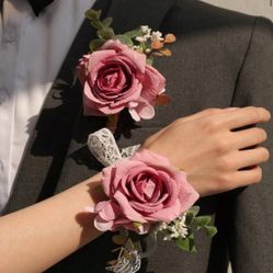 2pcs/Set Rose Flower With Gypsophila Romantic Floral Brooch Pin And Wrist Corsage, Suitable For Wedding Decoration, Formal Gala, Anniversary Valentine