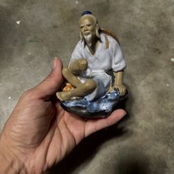 Chinese Shiwan Fisherman Figurine Mudman Fishing Pole Vtg Oriental Clay Pottery