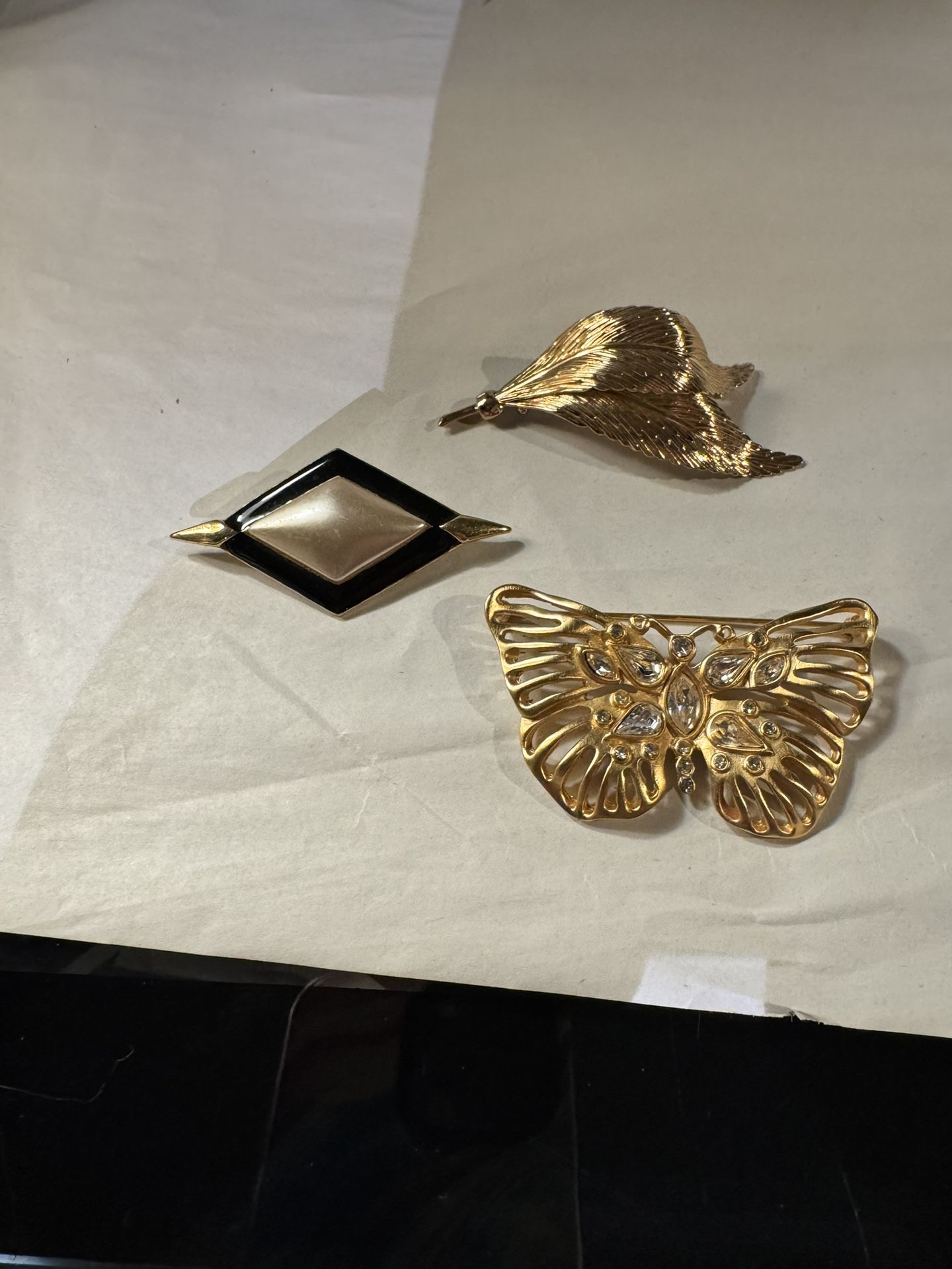 Vintage Lot of 3 fashion pins/brooches signed Napier, AK Anne Klein gold tones