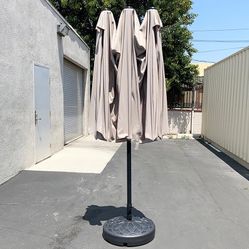 BRAND NEW $130 Large Double Sided Outdoor (15ft Umbrella and 65lbs Plastic Base set) Beige color