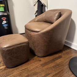 Brown Faux Leather Chair + Ottoman Set 