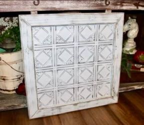 Large Ornate 28" White Shabby Distressed Framed Metal Tile Farmhouse Wall Decor