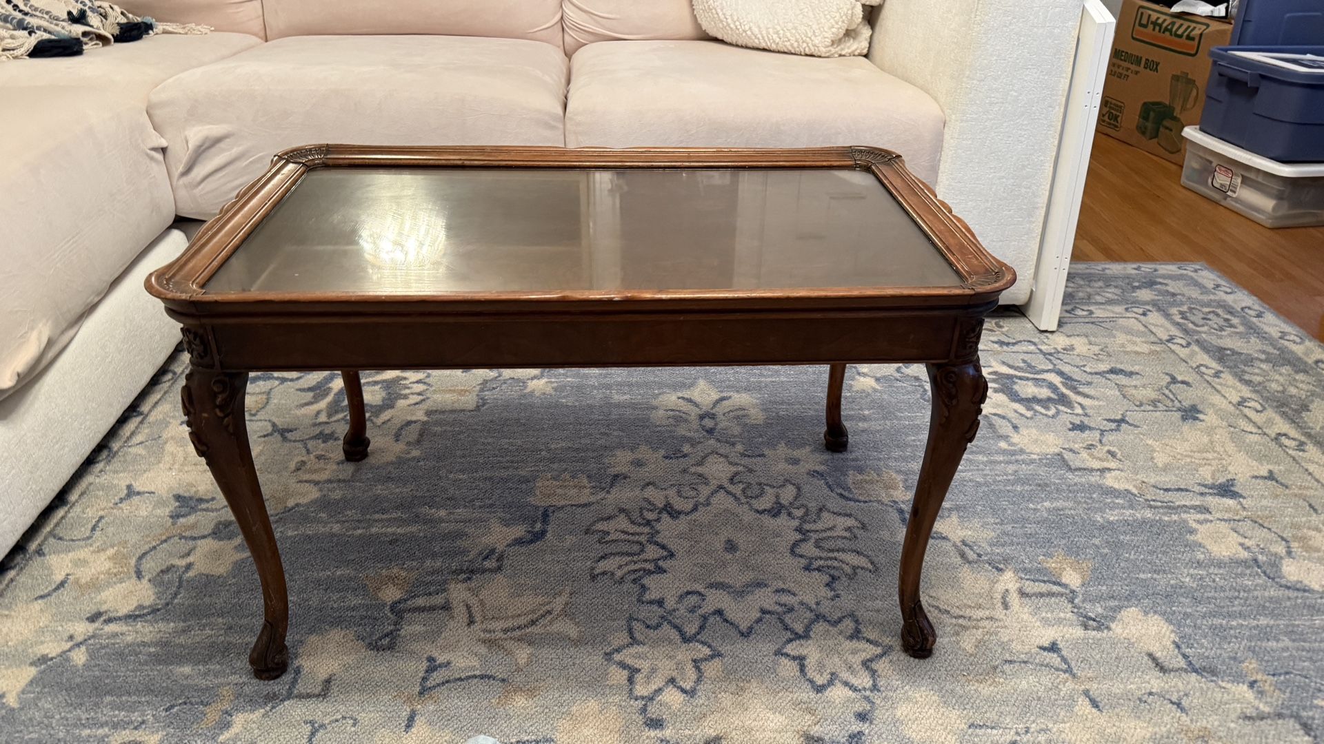 Antique Coffee Table With Carved Legs And Removable Glass Top