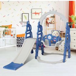Toddlers Slide and Swing Set Kids Slide 4 in 1 Slide Climber Swing Set with Basketball Hoop, Music Player Toddler Playground Baby Playset for Indoor O