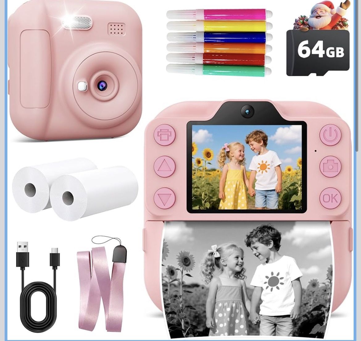 🆕 In 📦 Kids Camera Instant Print,Christmas Birthday Gifts,Portable Digital Camera6️⃣4️⃣GB SDCard,Kid Toy for Ages3️⃣-1️⃣2️⃣,Pink