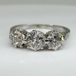 Antique Platinum 3 Stone .90TCW Old Euro Cut Diamond Band Ring Size 6 11049157