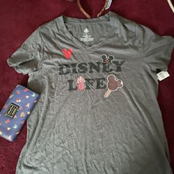 Disney Park Women's "disney Life" Gray Graphic V-neck T-shirt Women's size XL NWT Limited Edition* Disney Parks Food Icons Wallet by Loungefly NWT And