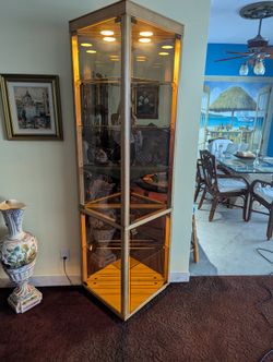 Vintage Lighted Display Curio Cabinet Glass 6 Shelf  Display Case Storage Hutch Triangle Shape 80" H x 30" W x 18" D