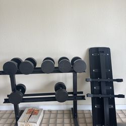 Solid dumbbells  and rack with bench