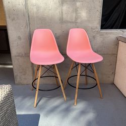 Mcm modern pink Counter Stool With Back Plastic Molded Wooden Eiffel Base 