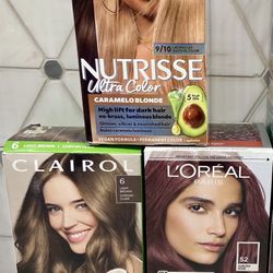 Hair color: Clairol Natural Instincts Light Brown; L’Oréal auburn Rose; Garnier medium Brown. New/unopene