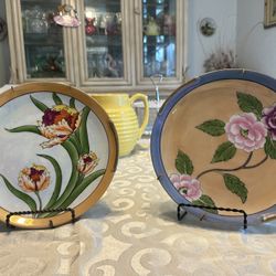 Vintage Japanese Hand Painted Flowers Plates Set Of Two. 