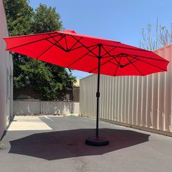 (NEW) $130 Large 15FT Double Sided Outdoor Umbrella w/ 65 LBS Plastic Weight Base (Red/Gray)