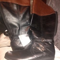 Liz Calborne Black And Brown Stacked Leather Riding Boots Women's 10w