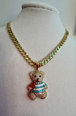 Gold Cuban Link Chain Teddy Bear Pendant Necklace