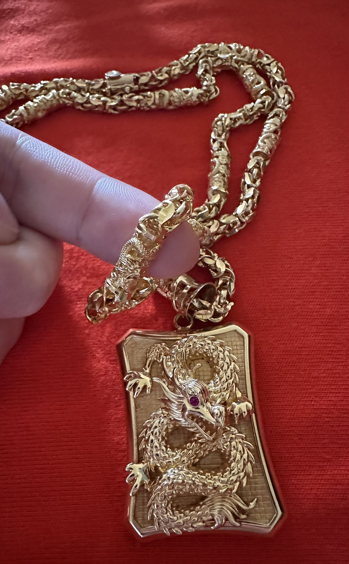 18K Gold Dragon Chain + Dragon Pendant Ruby Eye ( 125 Grams ) Bling Affect 