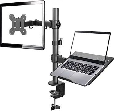 Dual Monitor Stand Arms With Laptop Tray Clamp Desk Mount VESA Screen PC Laptop 2 in 1 Adjustable Monitor and Laptop Riser
