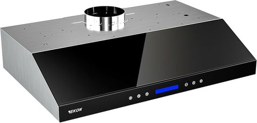 EKON 36 BLack New inches Under Cabinet Range Hood, 900 CFM Stainless Steel Kitchen Chimney Vent, 4 Speed Touch Screen Control With Remote 2Pcs 3W LED 