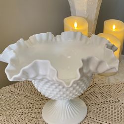 Vintage Fenton Milk Glass Hobnail Bowl with Footed Base and Ruffled Rim 