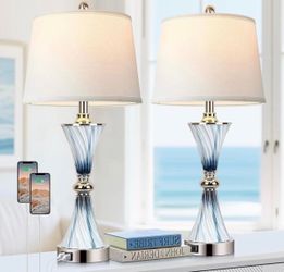 3-Way Dimmable Touch Glass Table Lamps for Bedrooms with 2 USB Ports Set of 2 Coastal Beach Bedside Lamps for Contemporary Modern Night Stand Lamps wi