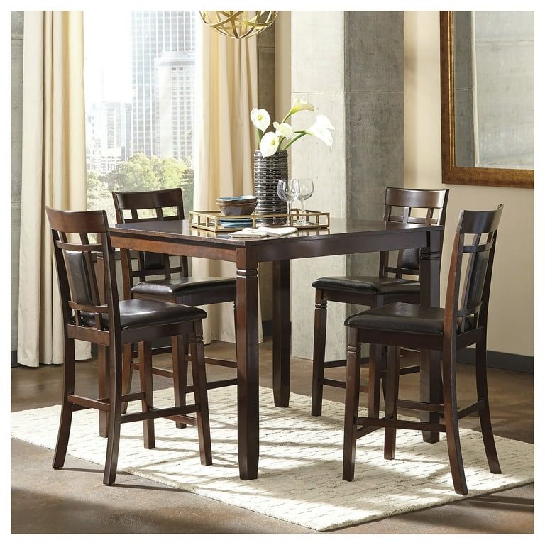 5-Piece Counter Height Dining Set - Brown Wood Table with 4 Faux ...