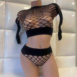 Top And Panty Fishnets Lingerie- Black Color-Fits Small To Large-brand New $15 Pick Up Price-NUEVAS
