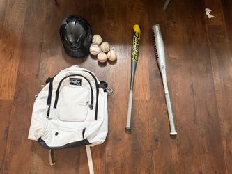 Bass ball bat bag and bats and balls and helmet