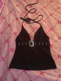 Black Halter Top with Silver Belt Detail