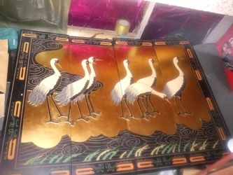 Àñtique Asian Coromandel 4 Panel Motif Lacquered Wall Panels