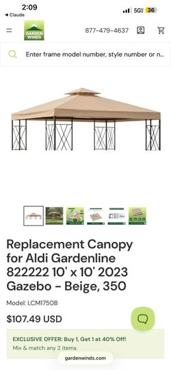 Garden Winds Replacement Canopy - Beige - Fits Aldi Gardenline 10x10 Gazebo (2023) - NEW