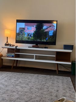 Modern Mid-Century TV Stand / Media Console – White & Walnut (71”)