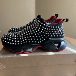 Christian Louboutin Black Stretch Fabric Spike Sock Slip On Platform Sneakers Size 38! 