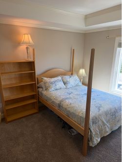 Double canopy bed with bookshelf and nightstand