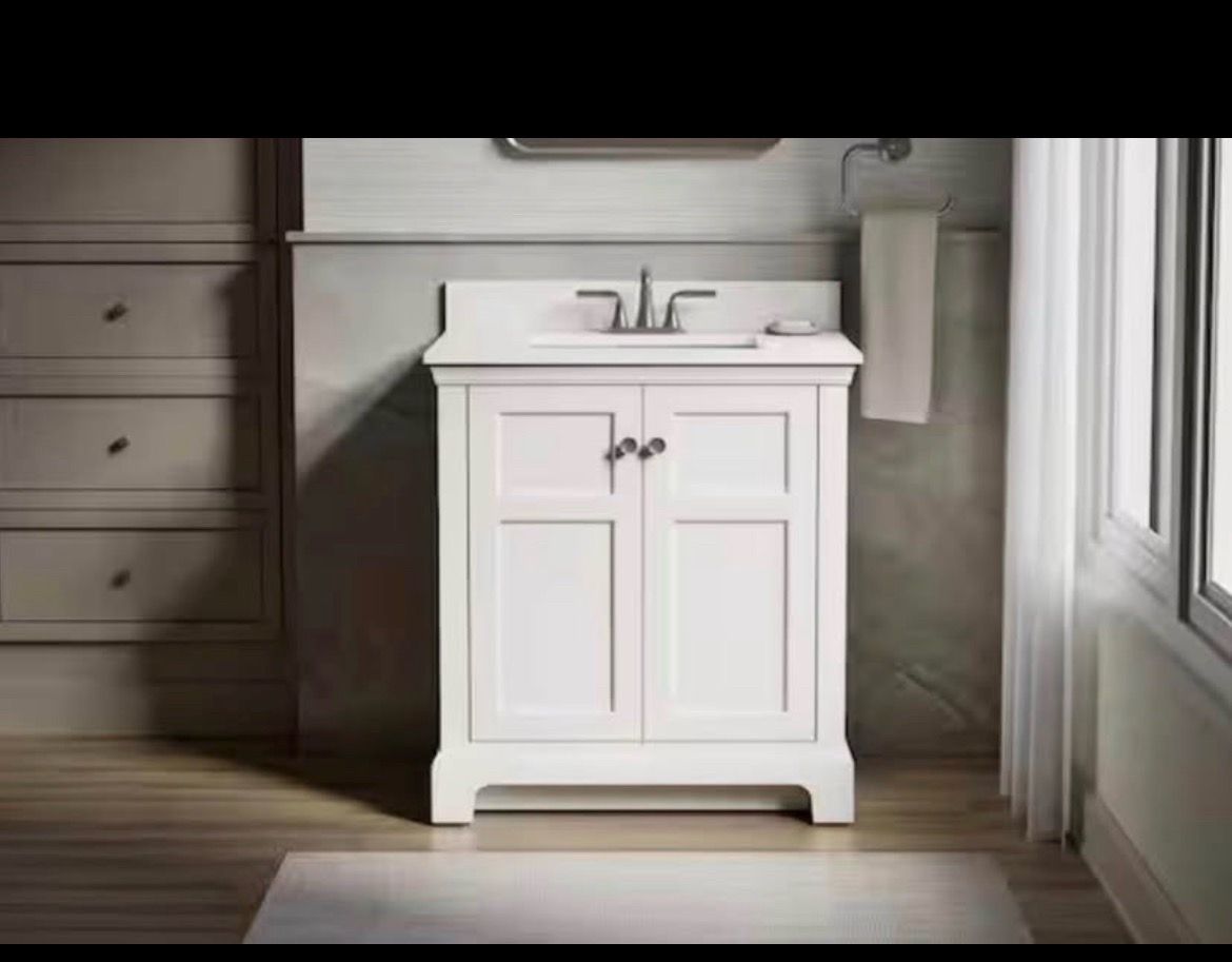 KOHLER Baskin 30 in. Single Sink White Bath Vanity with Bianco Bella Quartz Top