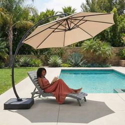 11ft Offset Cantilever Patio Umbrella with Base Included, Large Round Aluminum Outdoor Umbrella, 360° Rotation & Infinite Tilt, Heavy Duty Frame for D