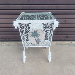 White Wrought Iron Patio Stand with Magazine Rack.