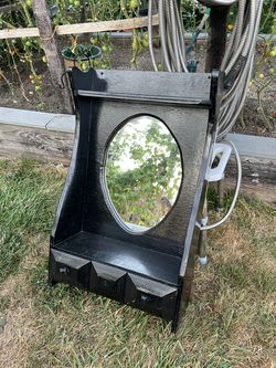 Antique Oak Mirror, Shelf & Drawers — Hand-Painted Black