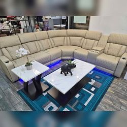 Power recliner beiege color sectional sofa with LED