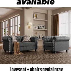 Brand new gray linen grey tufted nailhead trim classic design loveseat + chair combo