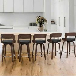 Swivel Bar Stools Set of 5, 26" Counter Height Bar Stools, Mid-Century Modern PU Leather Modern Island Chairs with Back and Footrest, for Kitchen, Bar