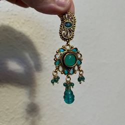 Antique French Byzantine style pendant earring, adorned with blue and green caboons and gold$30