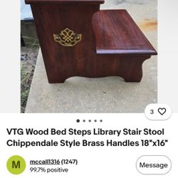 ❤️Vintage Wood wooden Bed Steps Library Stair Stool Chippendale style brass handle❤️
