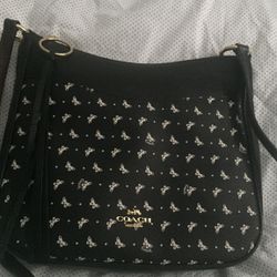 Coach Purse New Black Leather With White Butterfly Print Crossbody 67374