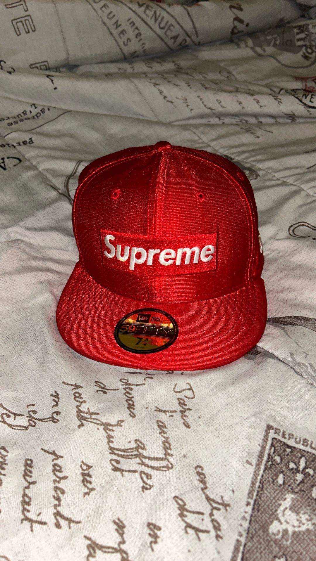 red satin world famous supreme box logo fitted